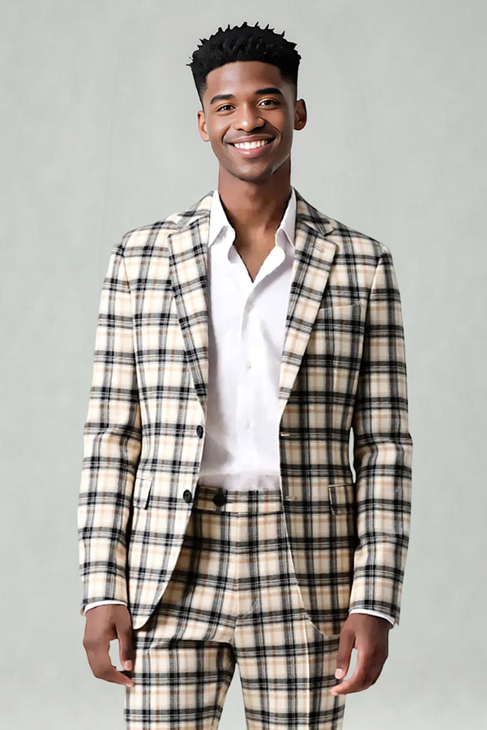 Black and Yellow Notched Lapel Grid Men Prom Suits