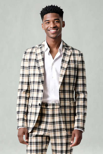 Black and Yellow Notched Lapel Grid Men Prom Suits