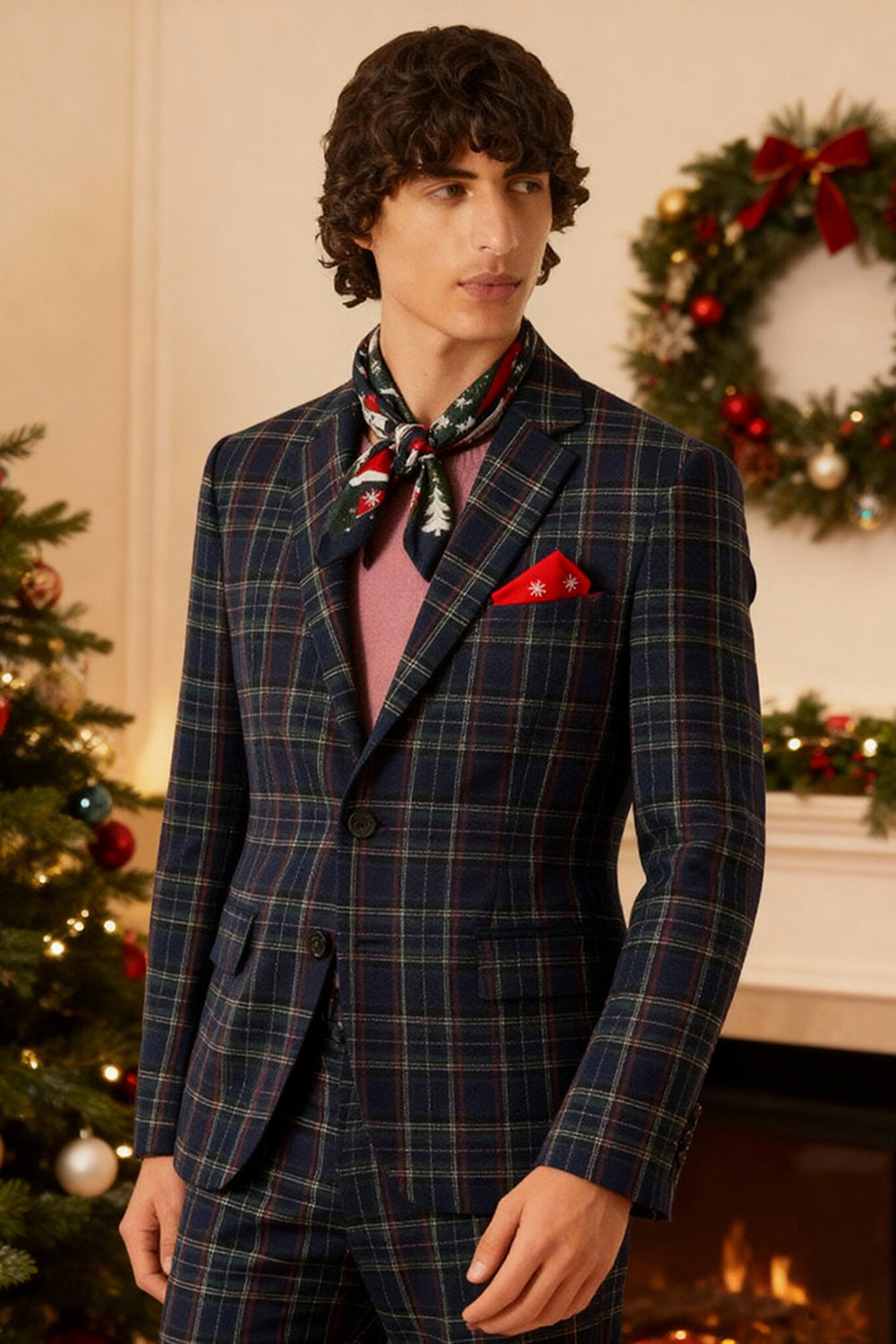 Black and Yellow Notched Lapel Grid Men Prom Suits