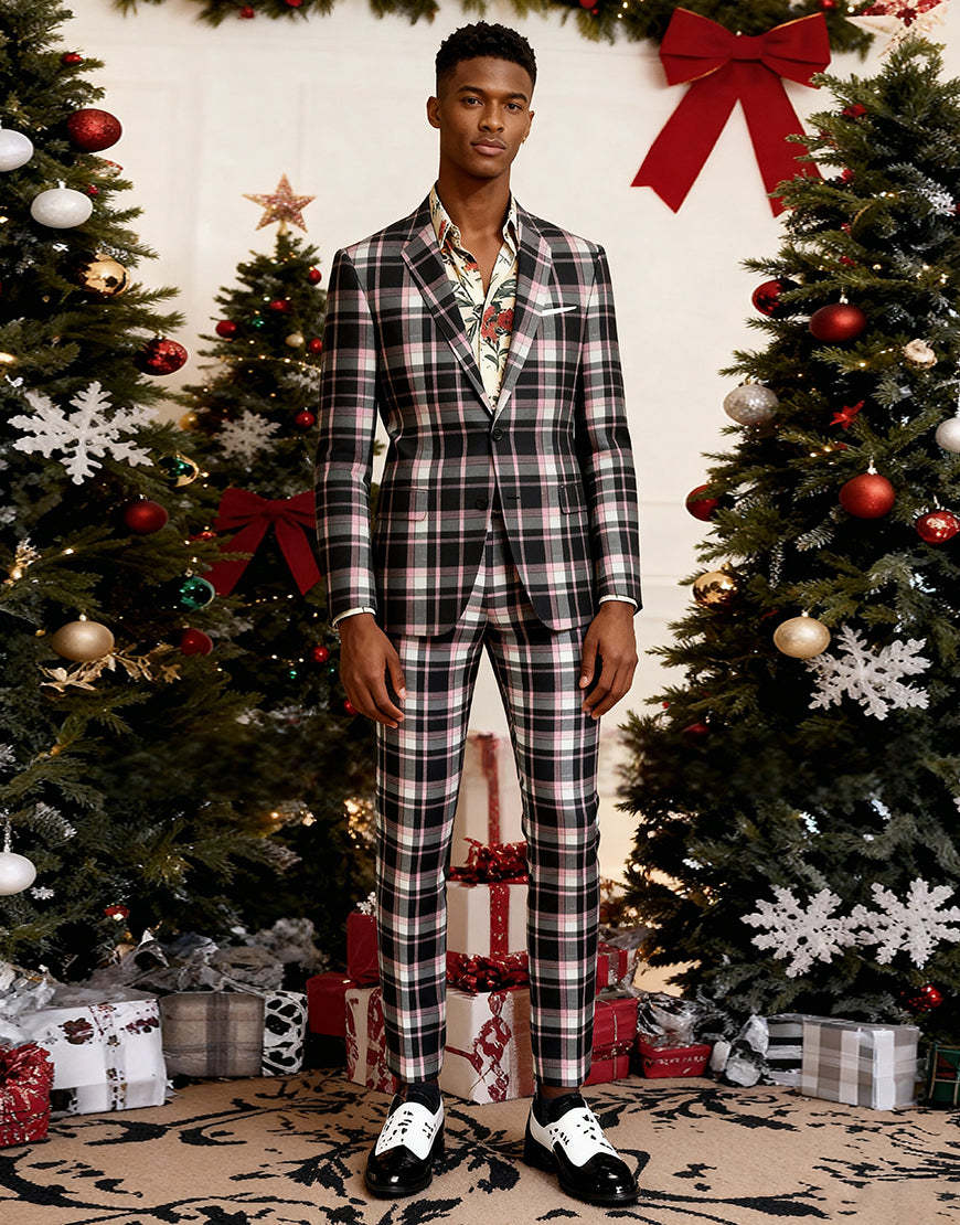 Black and Yellow Notched Lapel Grid Men Prom Suits