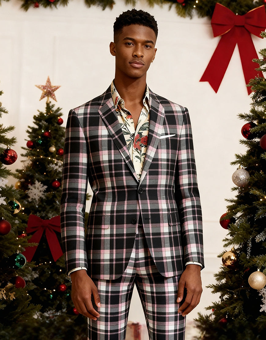 Black and Yellow Notched Lapel Grid Men Prom Suits