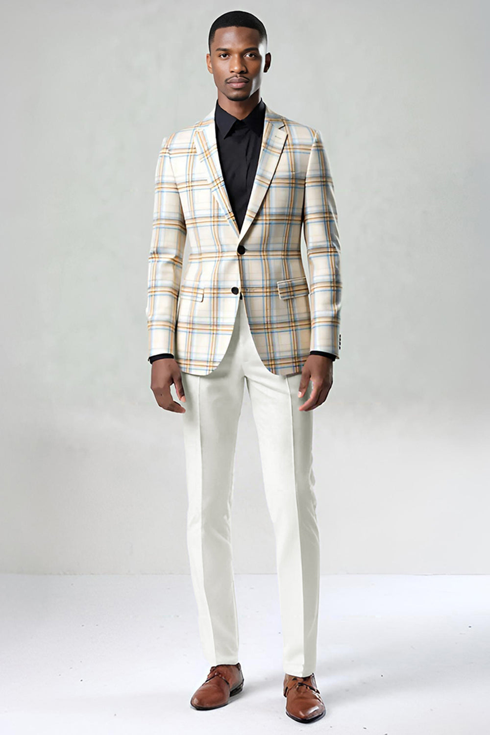 2 Piece Blue and Green Grid Notched Lapel Men Prom Suits