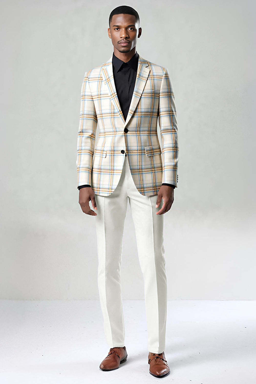 2 Piece Blue and Green Grid Notched Lapel Men Prom Suits