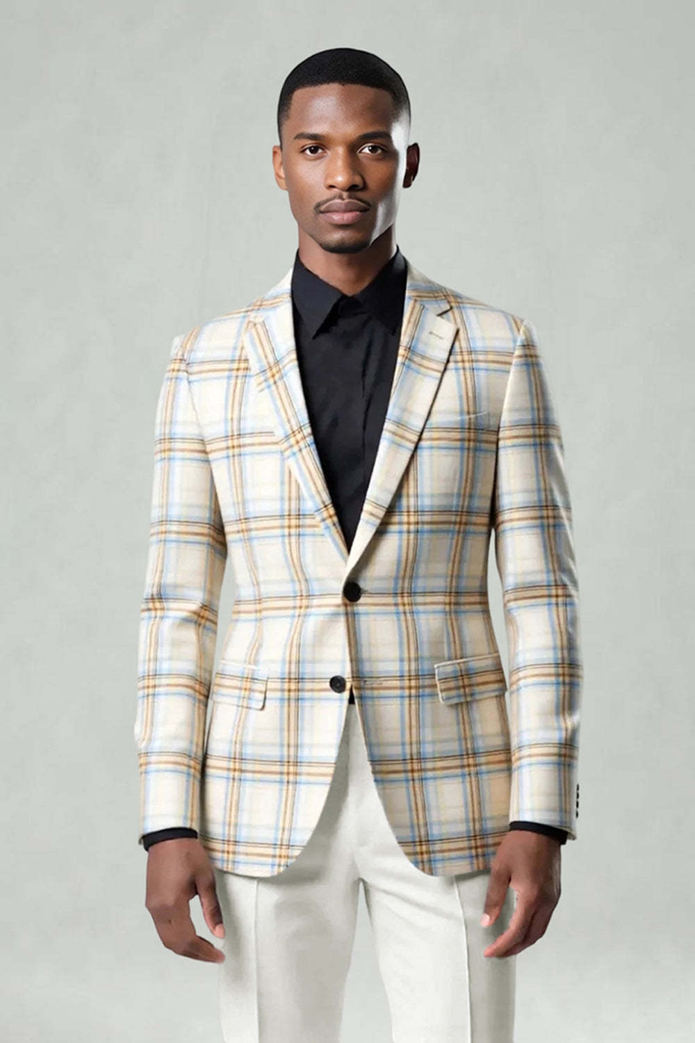 2 Piece Blue and Green Grid Notched Lapel Men Prom Suits