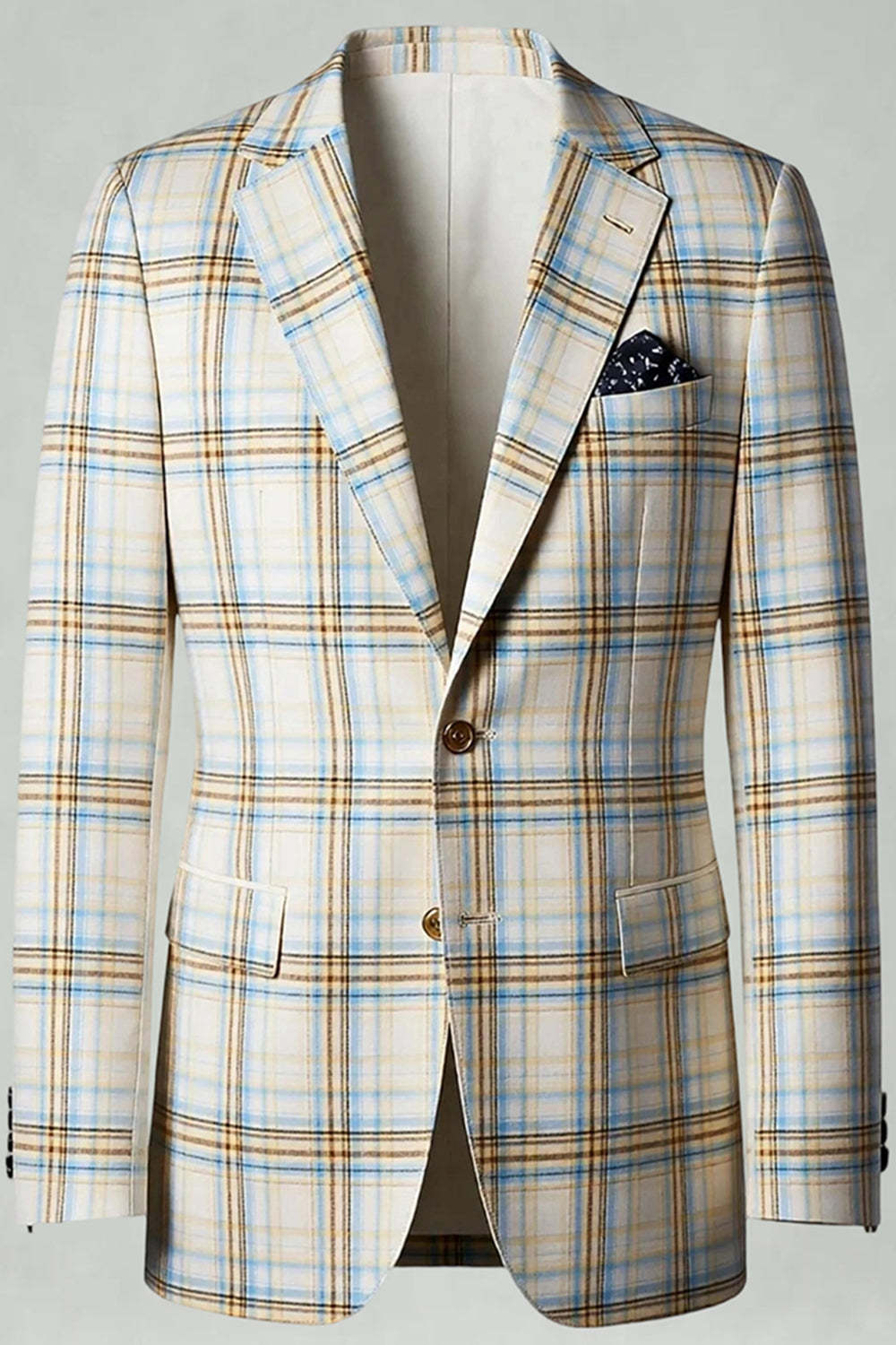 2 Piece Blue and Green Grid Notched Lapel Men Prom Suits