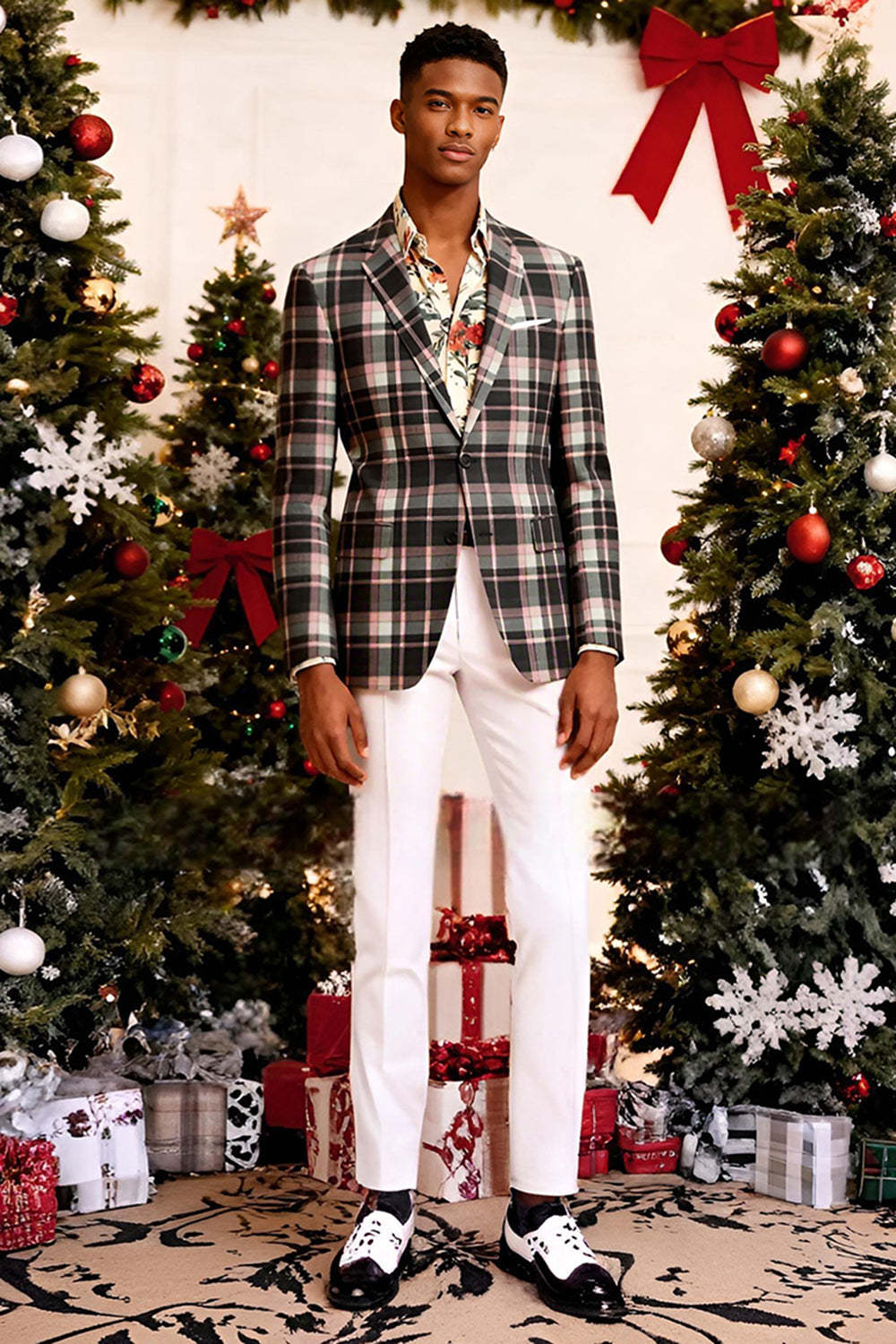 2 Piece Blue and Green Grid Notched Lapel Men Prom Suits