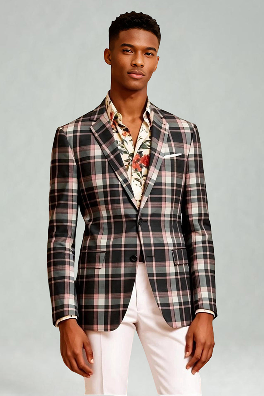 2 Piece Blue and Green Grid Notched Lapel Men Prom Suits