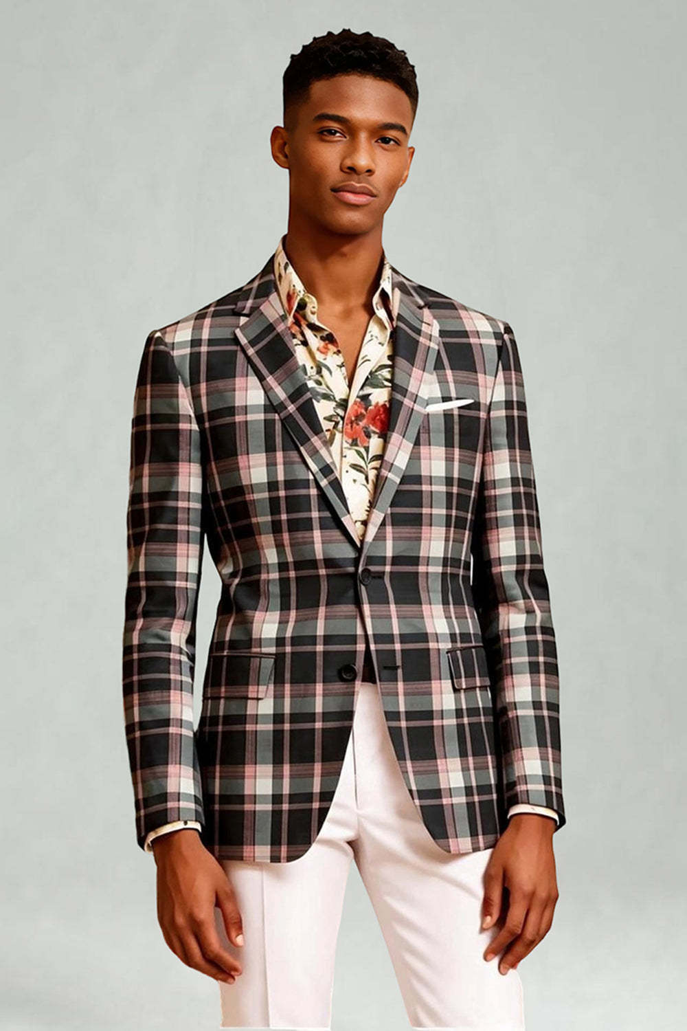 2 Piece Blue and Green Grid Notched Lapel Men Prom Suits