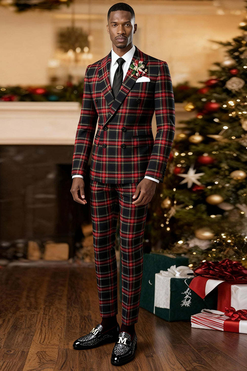 Leely Men Black and Red Grid 2 Piece Prom Suits Peak Lapel Double Breasted Christmas Party Tuxedo