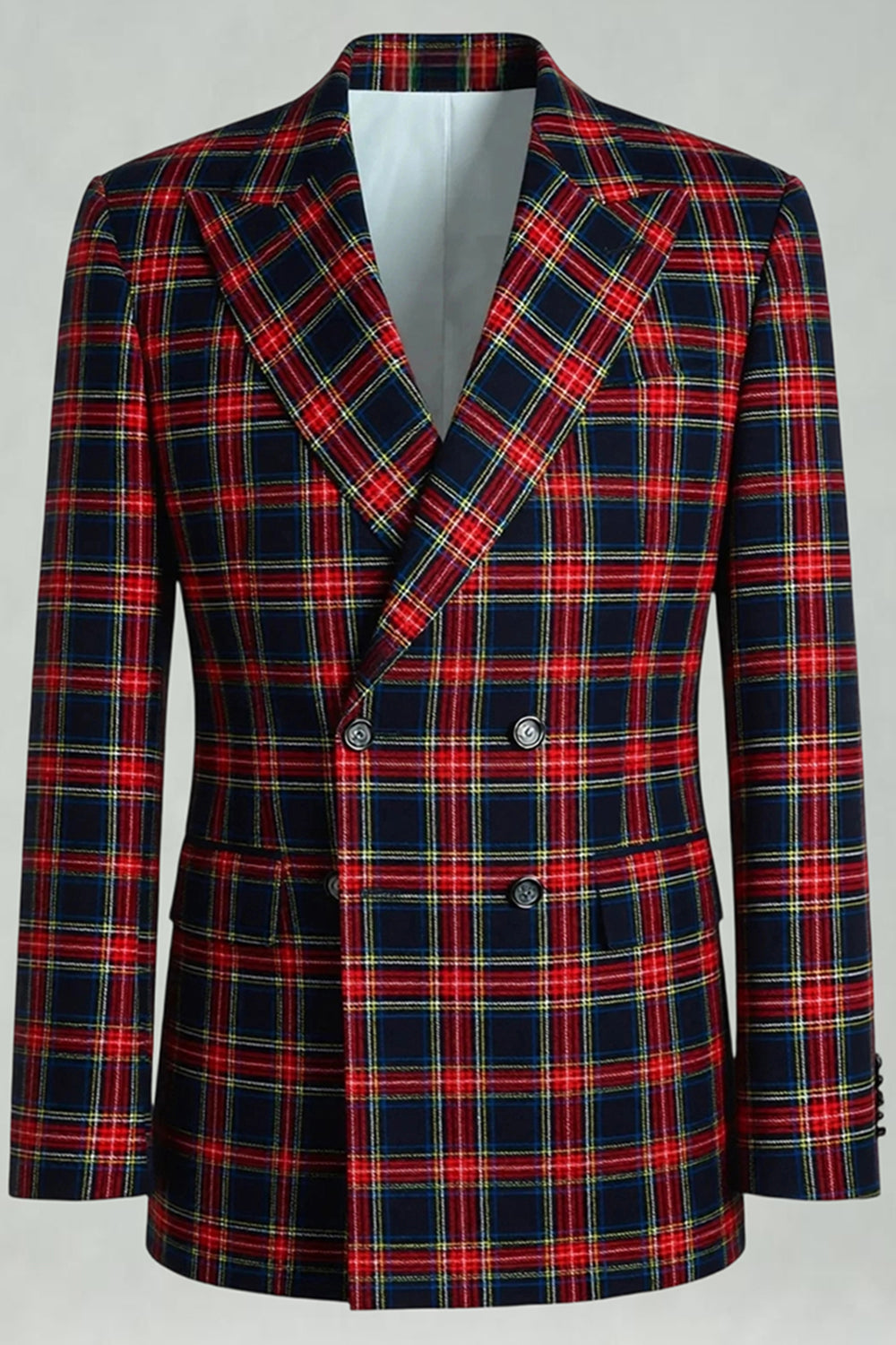 2 Piece Black and Red Grid Double Breasted Peak Lapel Men Prom Suits