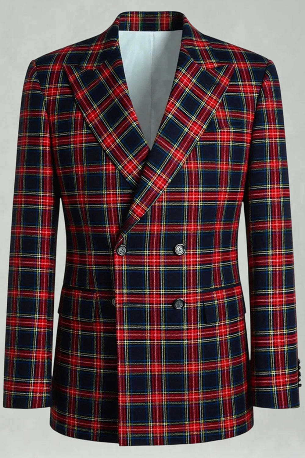 2 Piece Black and Red Grid Double Breasted Peak Lapel Men Prom Suits