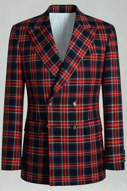 2 Piece Black and Red Grid Double Breasted Peak Lapel Men Prom Suits