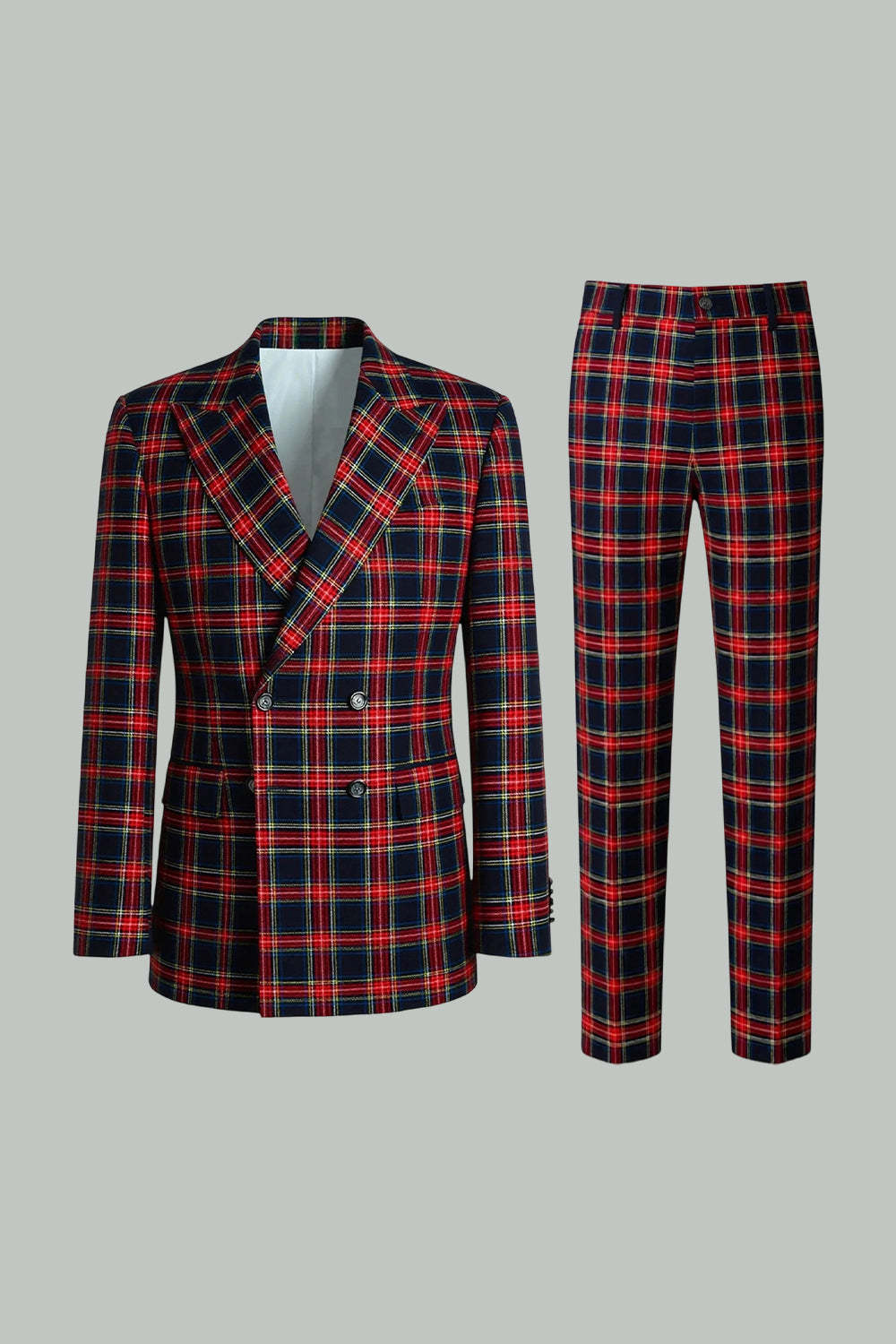 2 Piece Black and Red Grid Double Breasted Peak Lapel Men Prom Suits