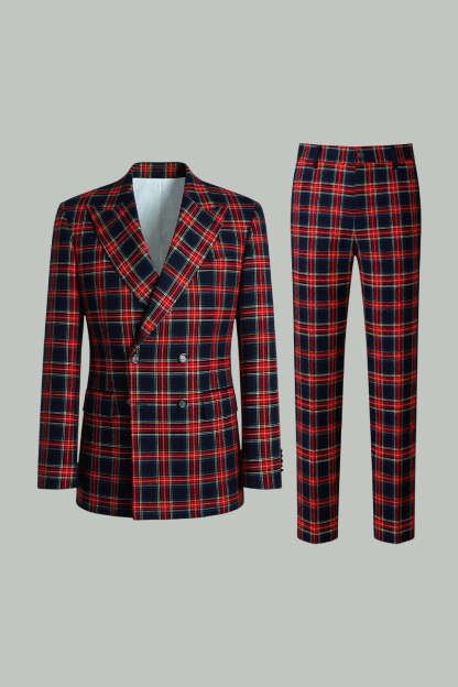 2 Piece Black and Red Grid Double Breasted Peak Lapel Men Prom Suits