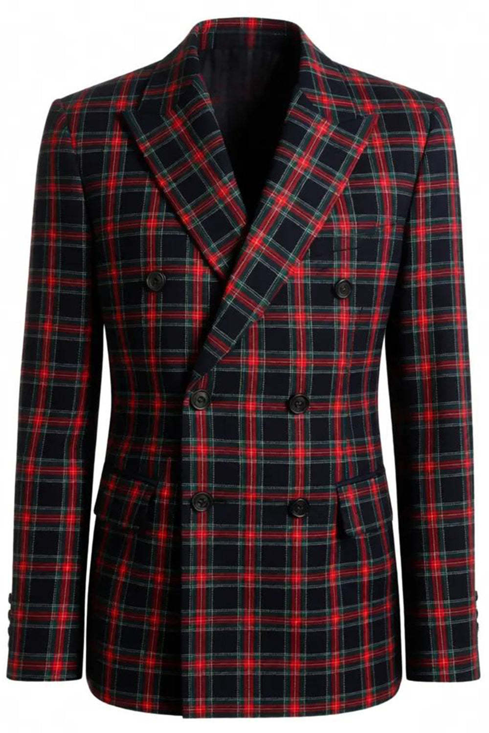 2 Piece Black and Red Grid Double Breasted Peak Lapel Men Prom Suits