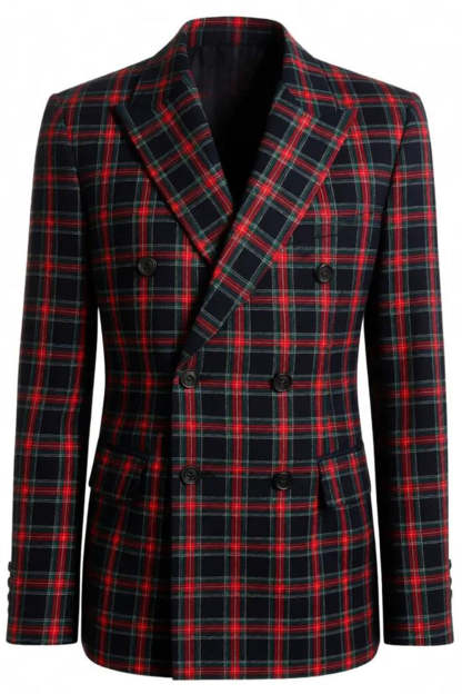 2 Piece Black and Red Grid Double Breasted Peak Lapel Men Prom Suits