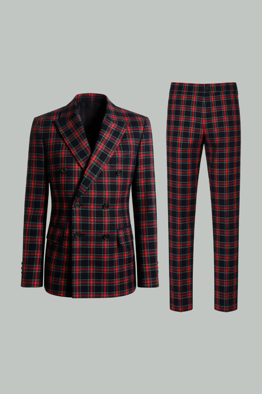 2 Piece Black and Red Grid Double Breasted Peak Lapel Men Prom Suits