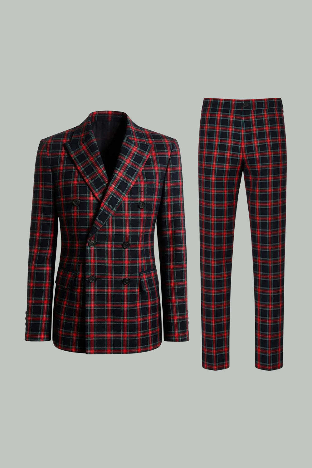 2 Piece Black and Red Grid Double Breasted Peak Lapel Men Prom Suits