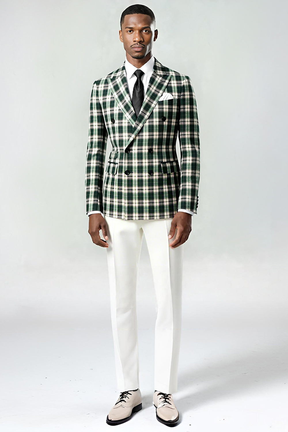 Leely Men Black and Green Grid 2 Piece Prom Suits Peak Lapel Double Breasted Christmas Party Tuxedo