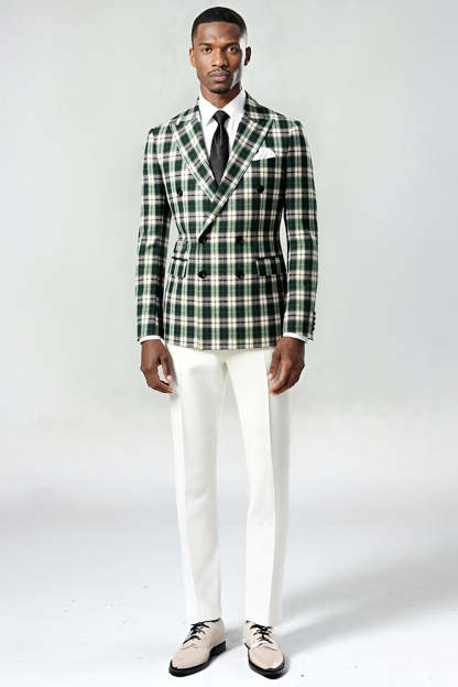 Leely Men Black and Green Grid 2 Piece Prom Suits Peak Lapel Double Breasted Christmas Party Tuxedo