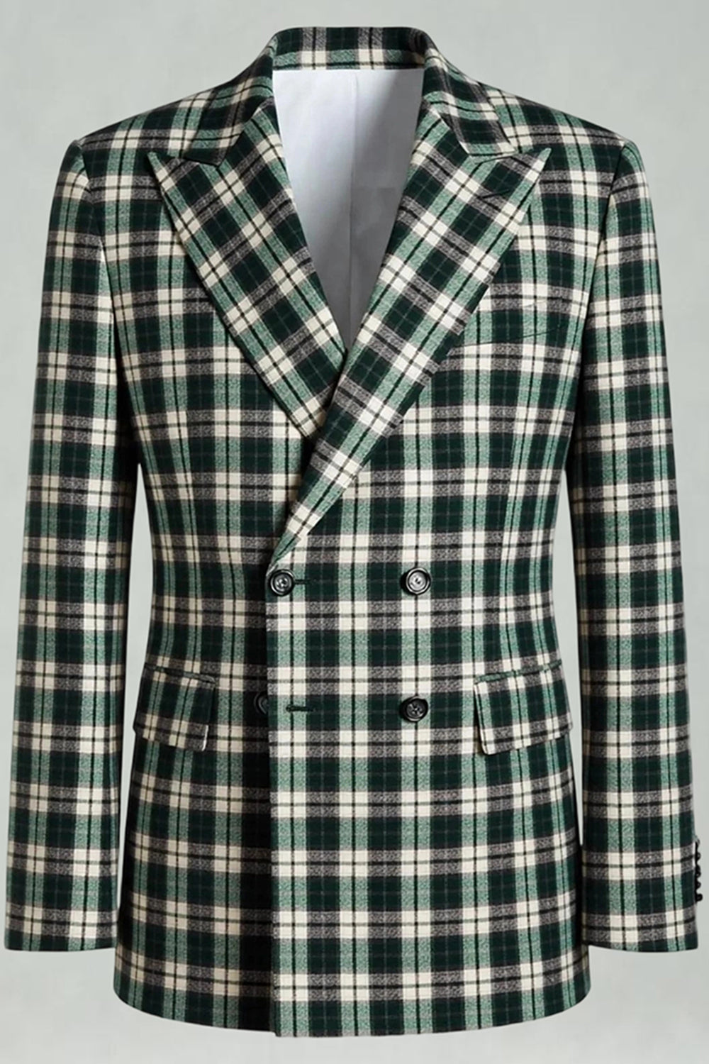 Black and Green Grid Peak Lapel 2 Piece Men Prom Suits