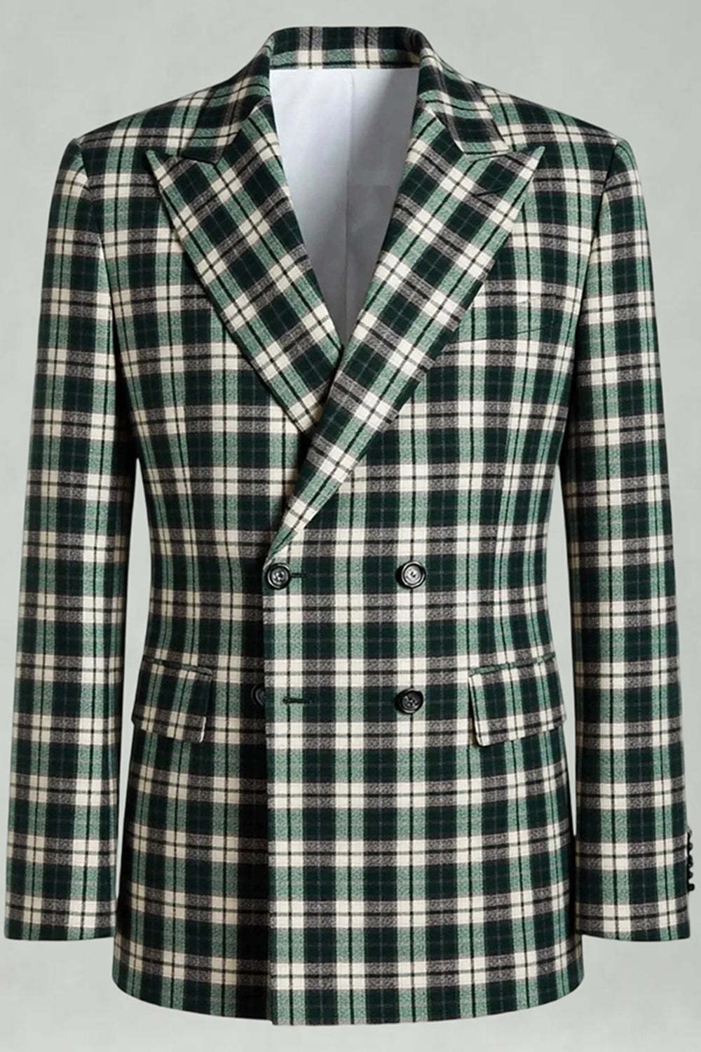 Black and Green Grid Peak Lapel 2 Piece Men Prom Suits