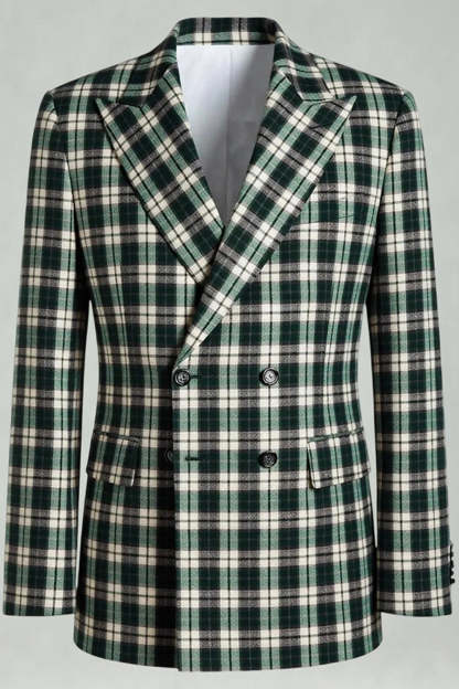 Black and Green Grid Peak Lapel 2 Piece Men Prom Suits