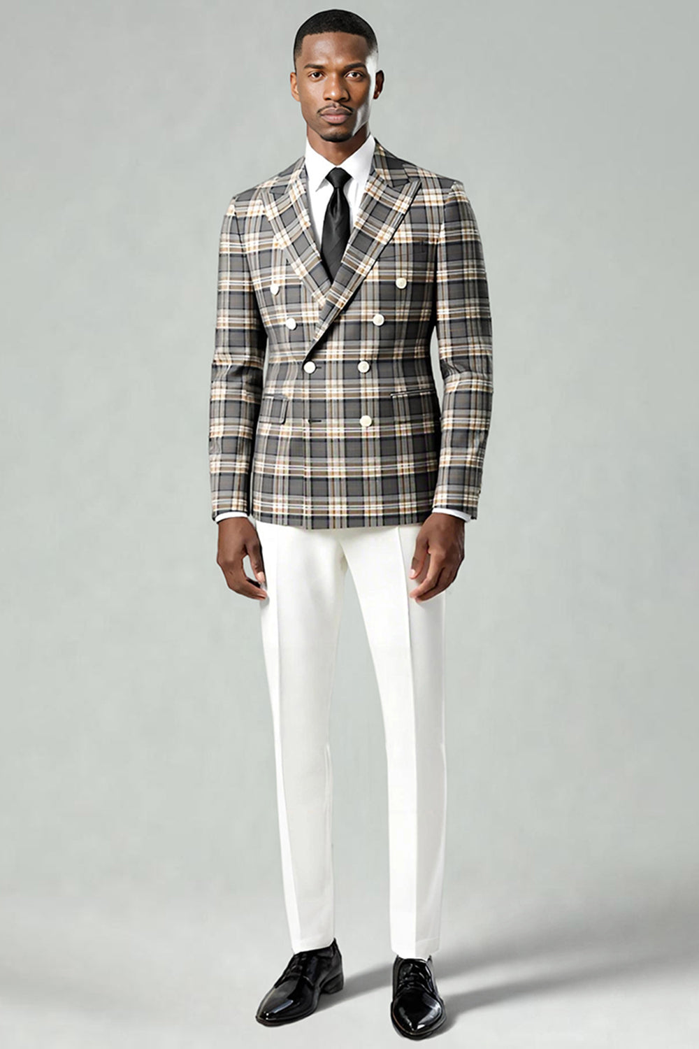 Black and Green Grid Peak Lapel 2 Piece Men Prom Suits