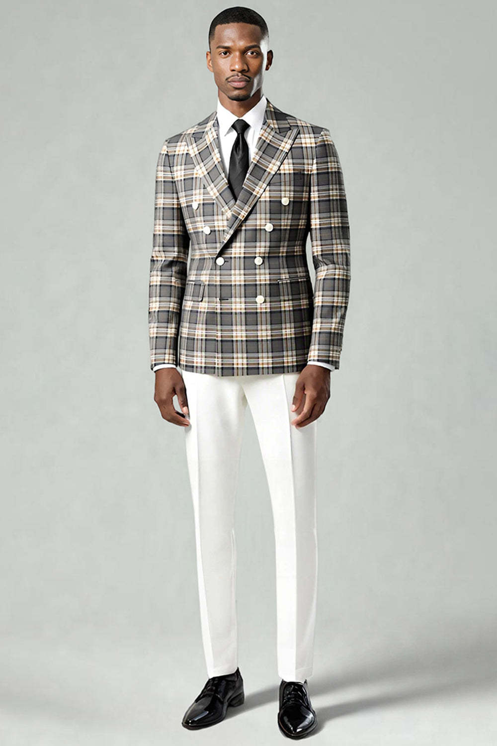 Black and Green Grid Peak Lapel 2 Piece Men Prom Suits