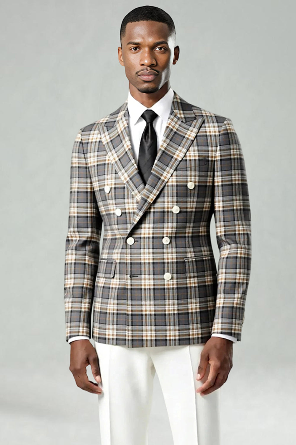 Black and Green Grid Peak Lapel 2 Piece Men Prom Suits