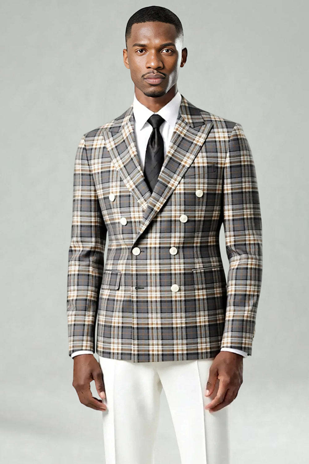 Black and Green Grid Peak Lapel 2 Piece Men Prom Suits