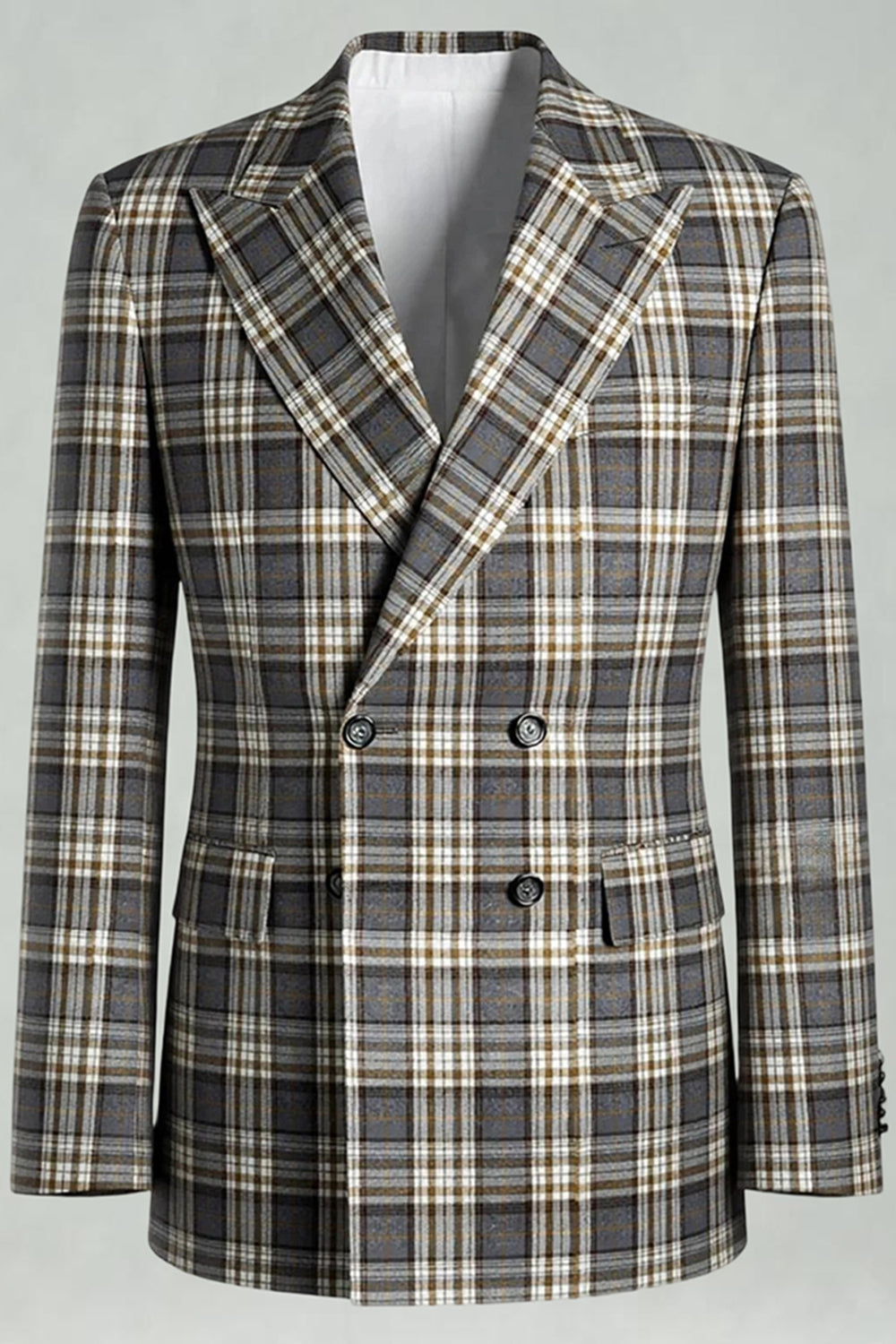 Black and Green Grid Peak Lapel 2 Piece Men Prom Suits