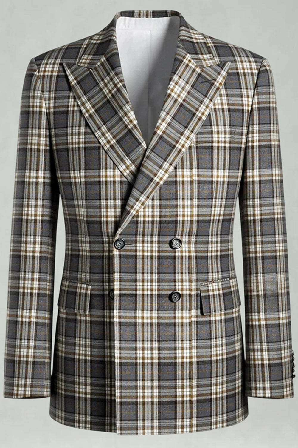 Black and Green Grid Peak Lapel 2 Piece Men Prom Suits