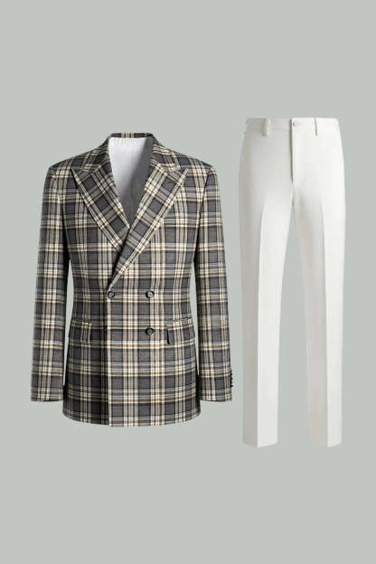 Black and Green Grid Peak Lapel 2 Piece Men Prom Suits