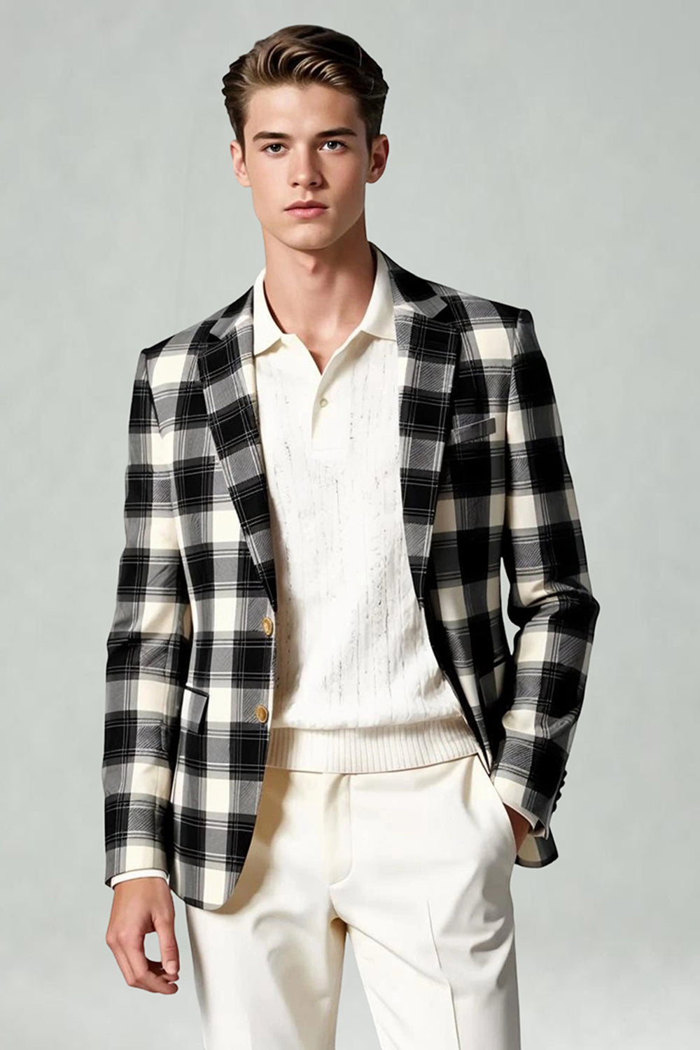 Black and White Grid 2 Piece Notched Lapel Men Prom Suits