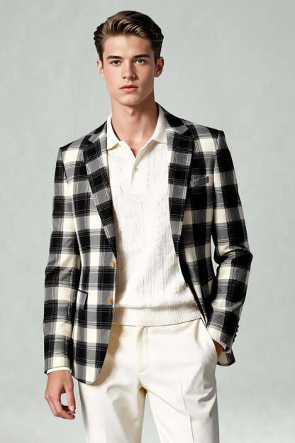 Black and White Grid 2 Piece Notched Lapel Men Prom Suits