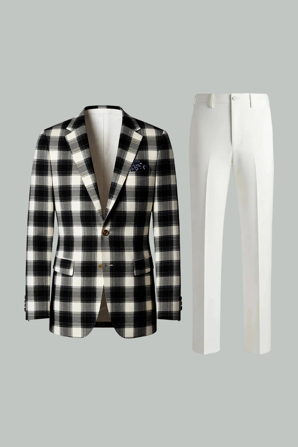 Black and White Grid 2 Piece Notched Lapel Men Prom Suits