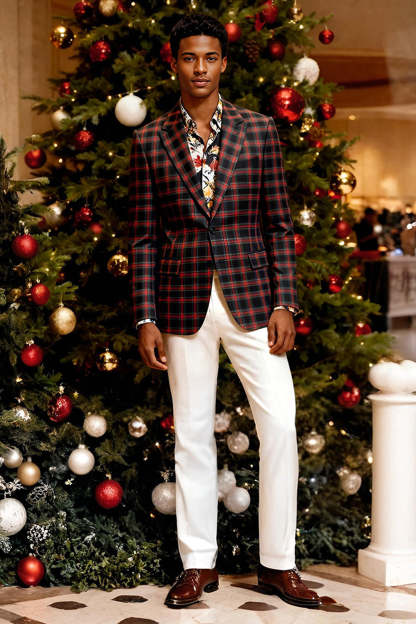 Leely Men Black and White Grid 2 Piece Prom Suits Single Breasted Notched Lapel Christmas Party Tuxedo