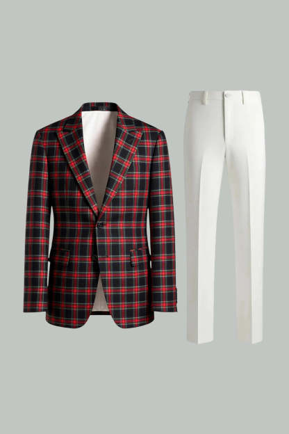 Black and White Grid 2 Piece Notched Lapel Men Prom Suits