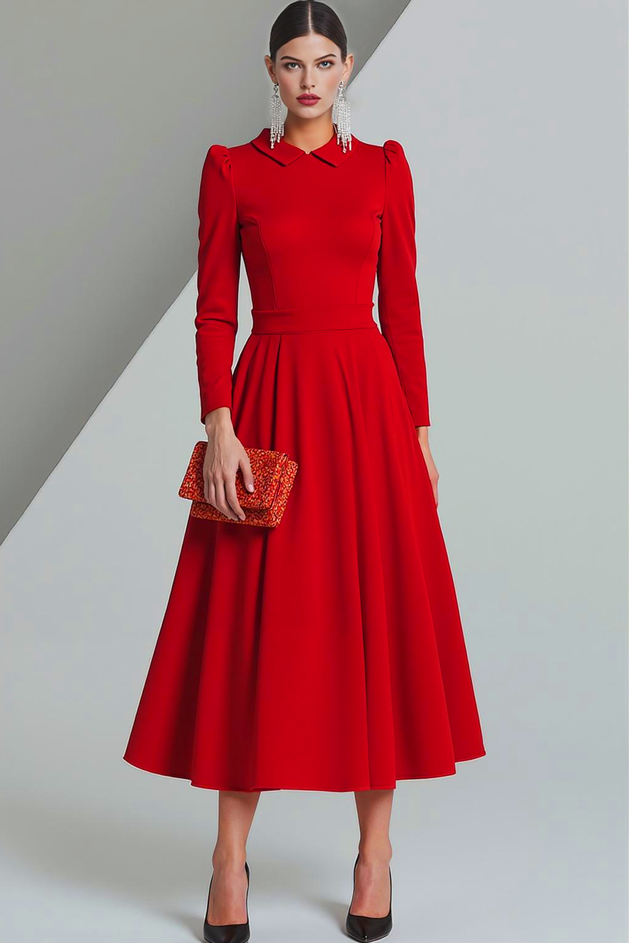 Leely Women Red A Line Maxi Formal Dress Long Sleeves Collar Neck Evening Dress