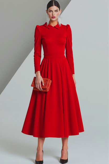 Leely Women Red A Line Maxi Formal Dress Long Sleeves Collar Neck Evening Dress