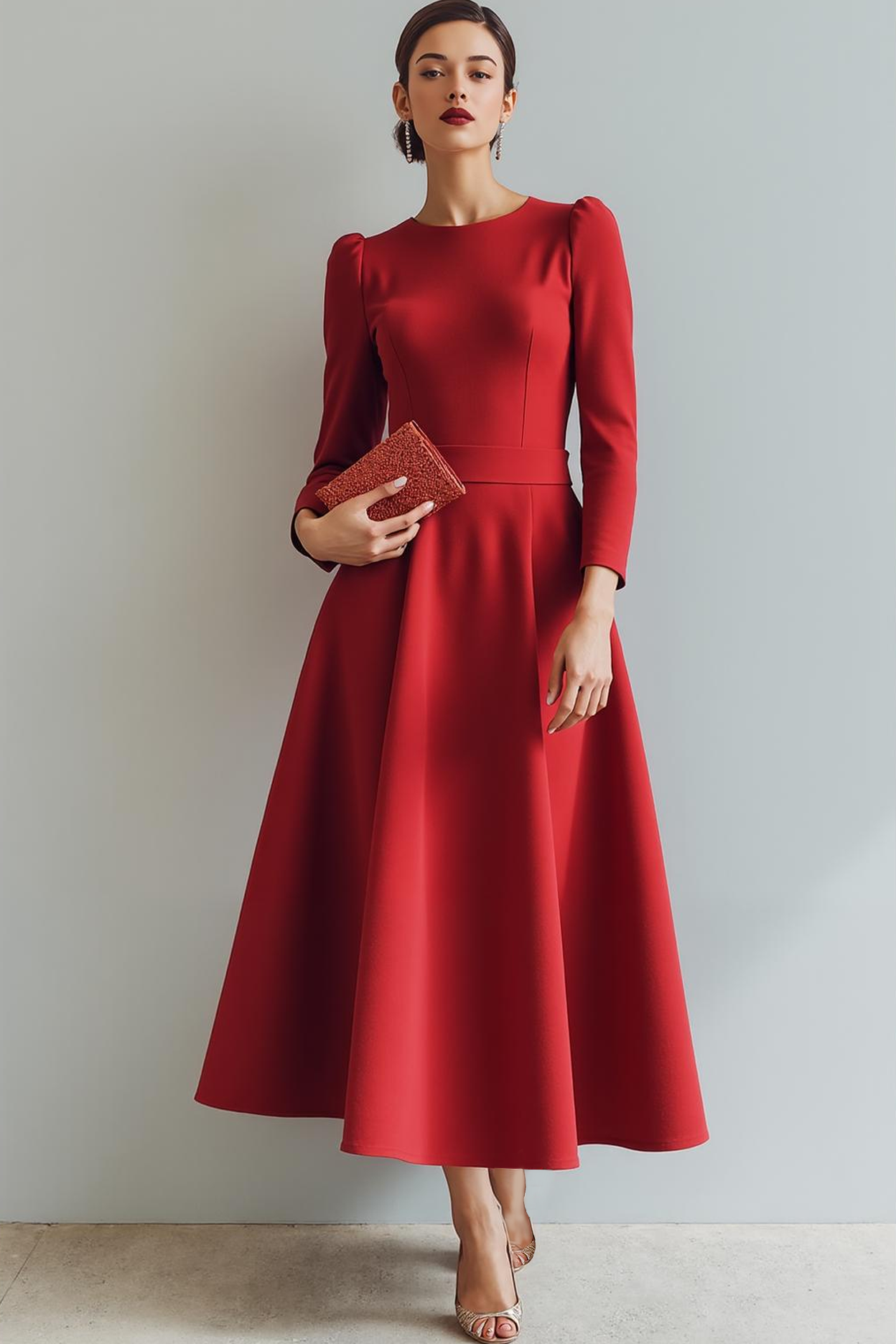 Leely Women Red A Line Long Formal Dress Round Neck Long Sleeves Evening Dress