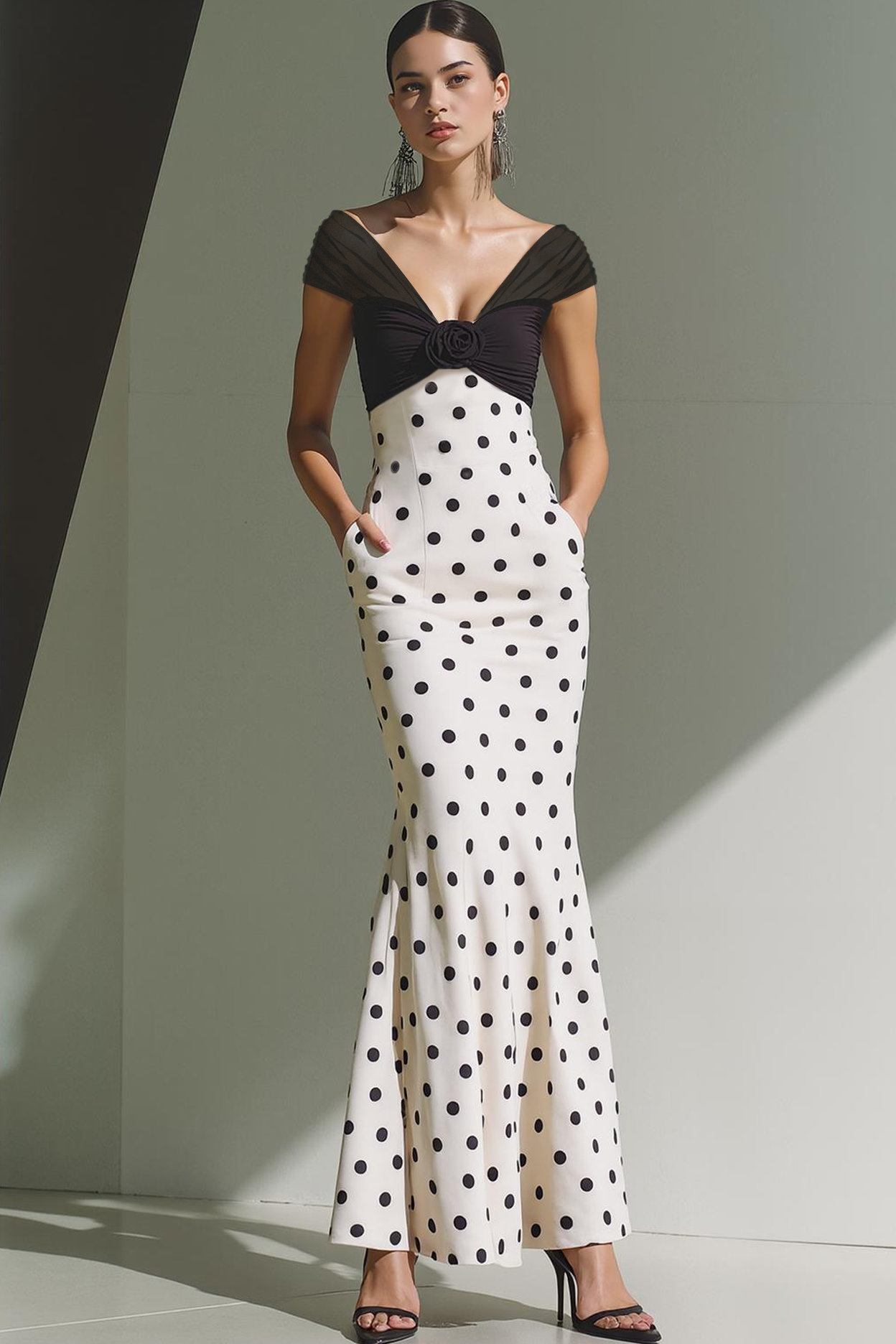 Leely Women White Black Polka Dots Long Evening Dress with Pockets Mermaid V-Neck Formal Dress with 3D Flower