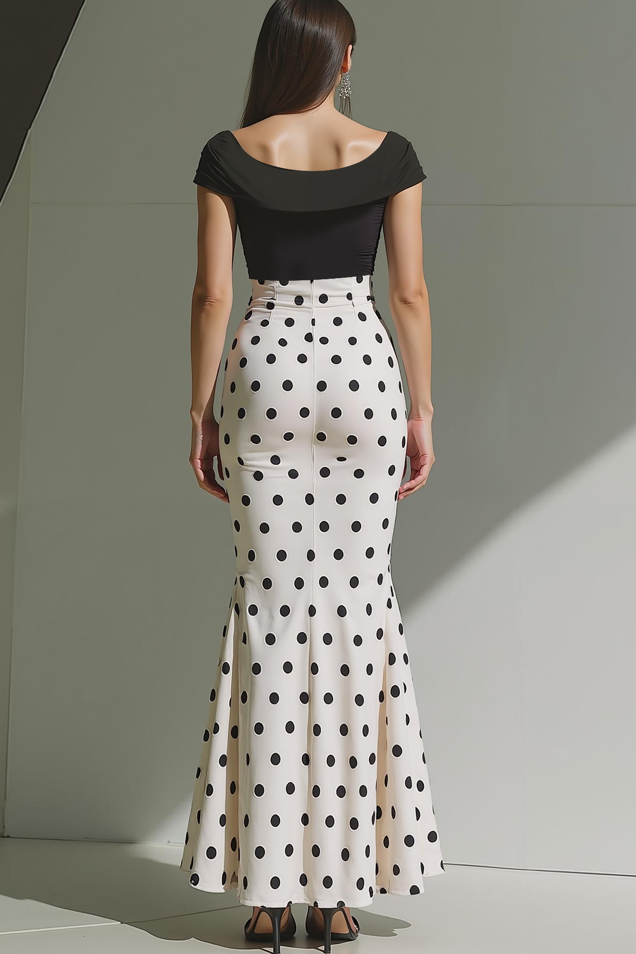 White Black Polka Dots Mermaid Long Evening Dress with 3D Flower