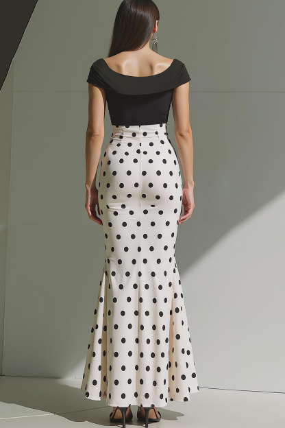 White Black Polka Dots Mermaid Long Evening Dress with 3D Flower
