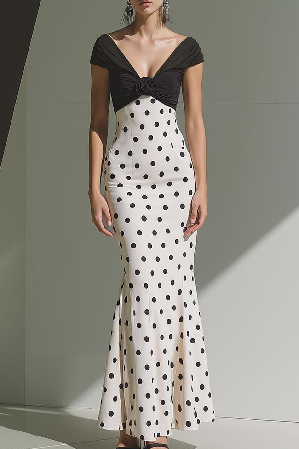 White Black Polka Dots Mermaid Long Evening Dress with 3D Flower
