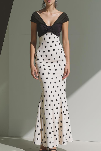 White Black Polka Dots Mermaid Long Evening Dress with 3D Flower