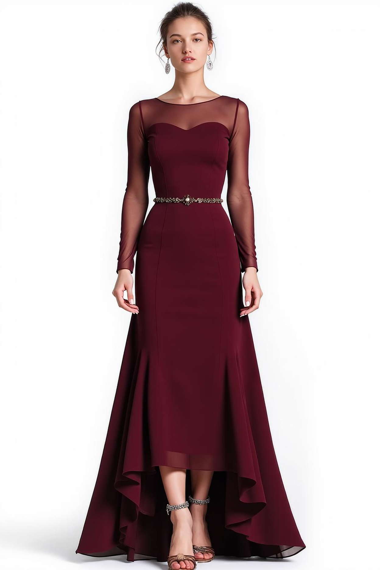Leely Women Cabernet Chiffon High Low Formal Dress with Sleeves A Line Illusion Boat Neck Evening Dress