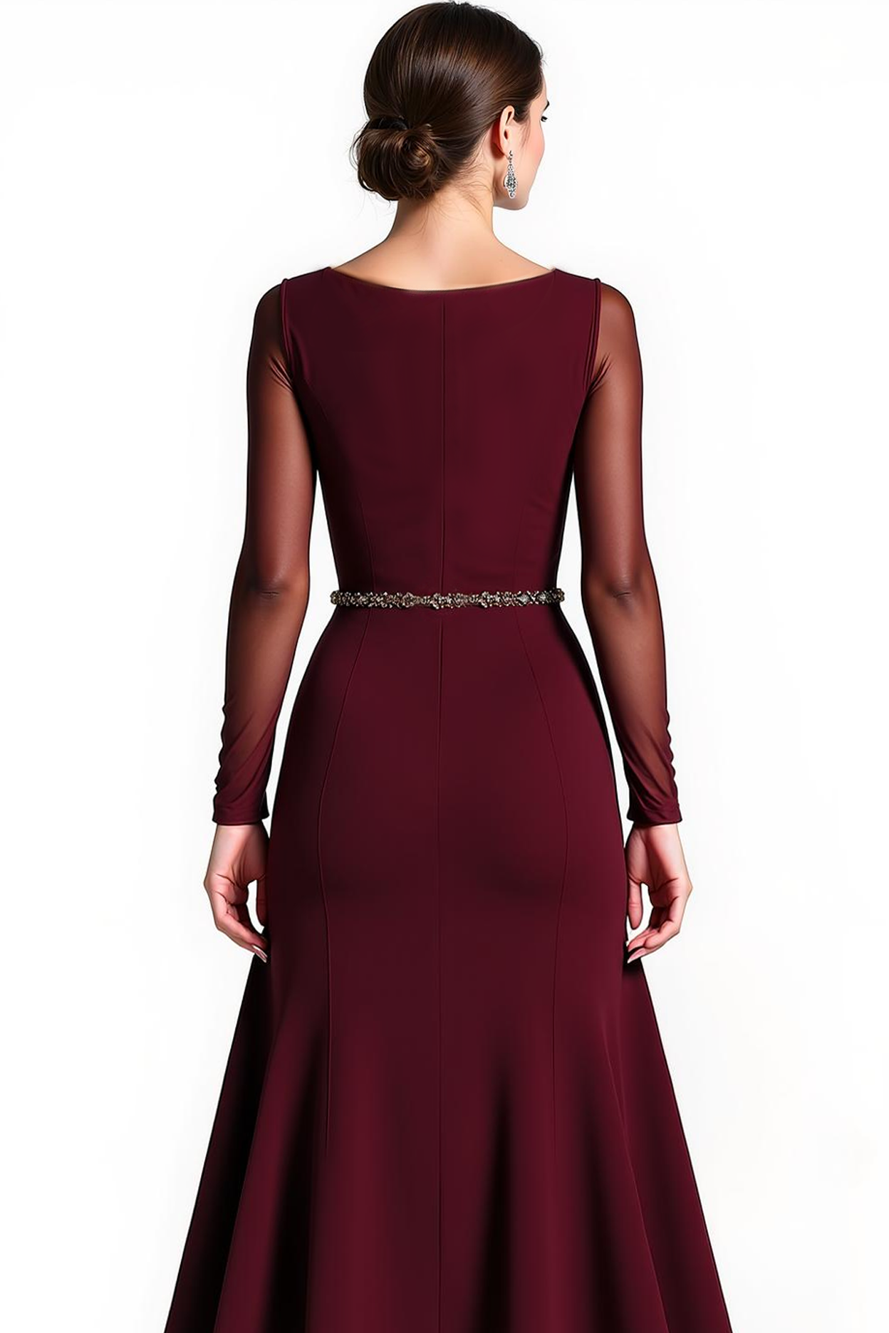 Cabernet Chiffon Illusion Boat Neck High Low Formal Dress with Sleeves