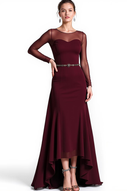 Cabernet Chiffon Illusion Boat Neck High Low Formal Dress with Sleeves